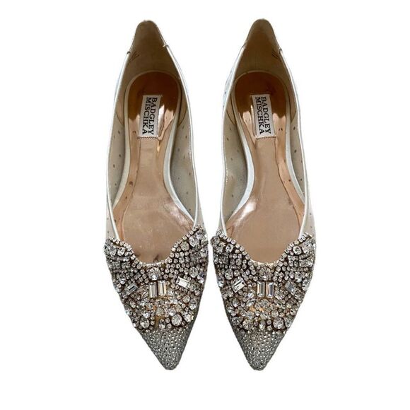 Badgley Mischka Quinn Rhinestone Embellished Evening Flat Ivory Satin Size 8 - Picture 4 of 7